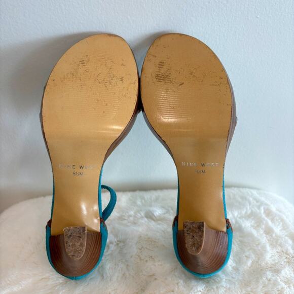 Nine West Strappy Block Heel Pumps Blue Suede Brown Stitching Size 8.5 M - Picture 6 of 7